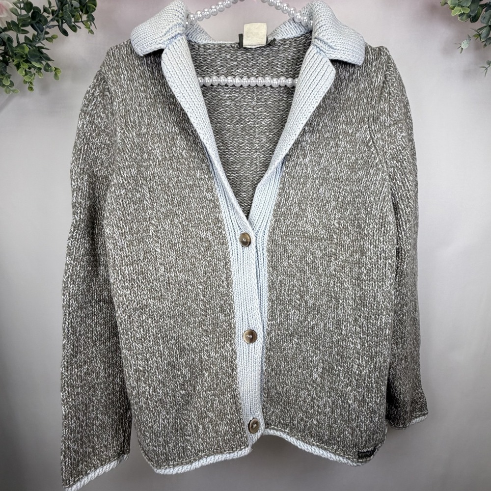 Blue‎ Willis Cardigan Womens Size L Light Blue Brown Knit Denmark Sweater Heavy